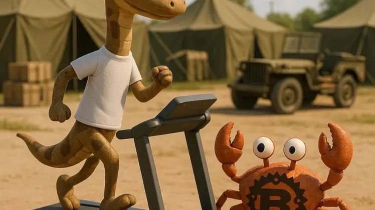 python running on a treadmill under guidance of a rusty crab
