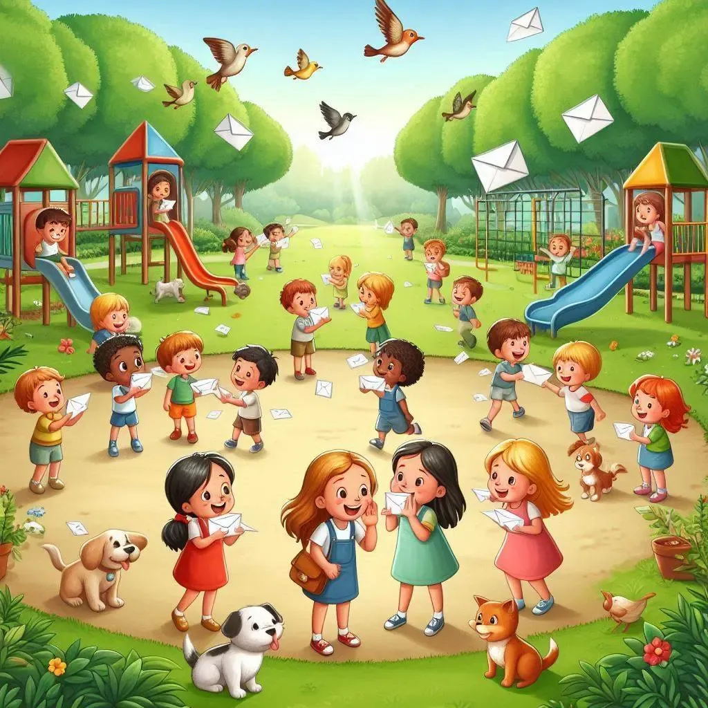 Children passing letters in a playground and also gossiping at times