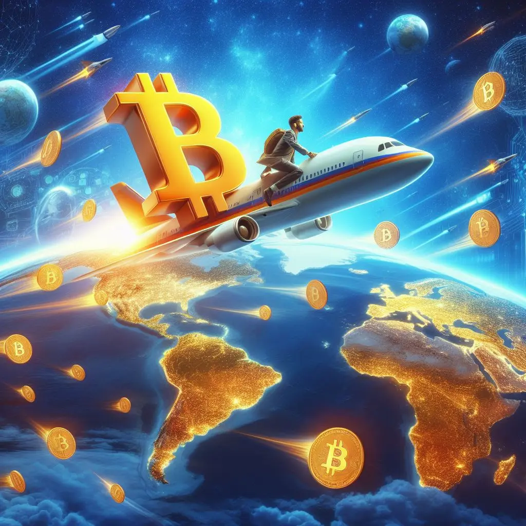 bitcoin flying over the globe